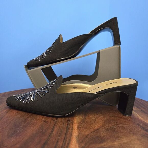 RARE Stefani Collection Beaded Silk Dress Mules Women's US8 Feather Design Black - Picture 4 of 13